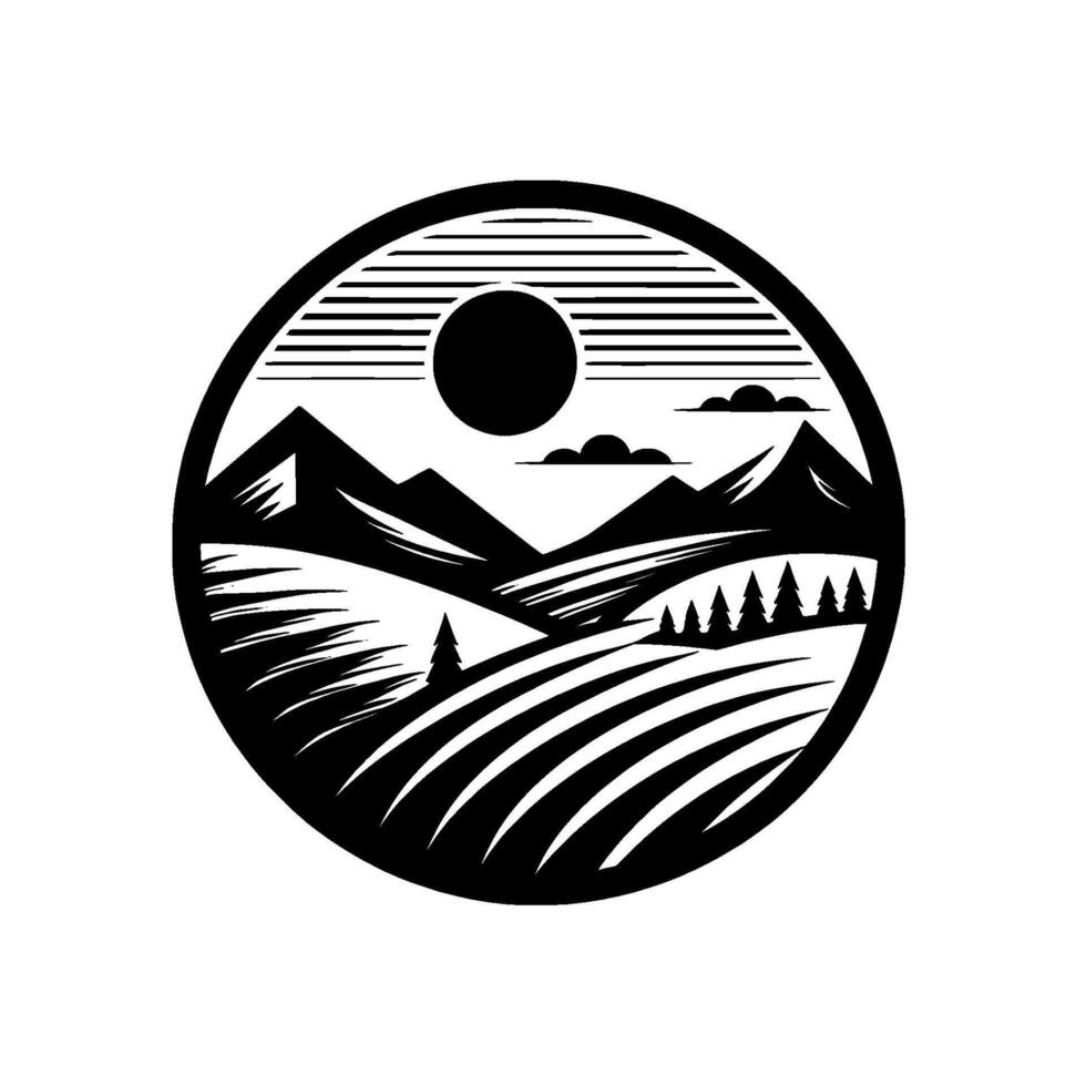 Stylized Black and White Landscape in Circular Frame featuring Fields, Mountains, Sun, and Clouds. vector