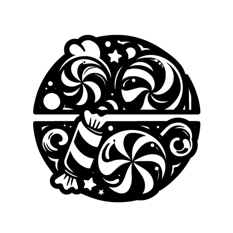 Monochromatic Candy Fantasy A Stylized Illustration of Swirls, Stars, and Treats in a SemiCircle Composition. vector