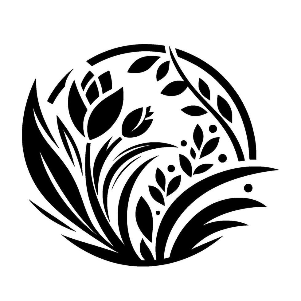 Black and White Floral Circle Design Stylized Tulips, Leaves, and Berries within a Geometric Botanical Illustration. vector