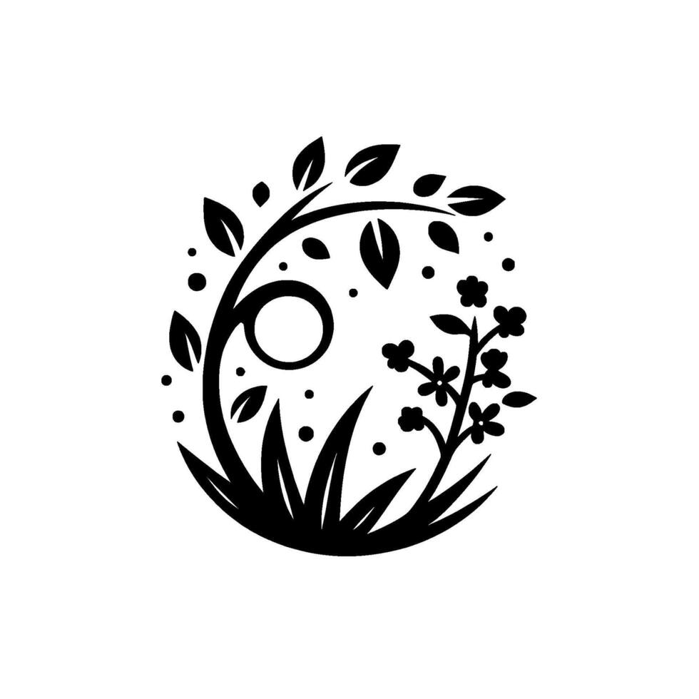 Minimalist Black White Nature Illustration Oval Composition with Branch, Leaves, Flowers, and Grass. vector