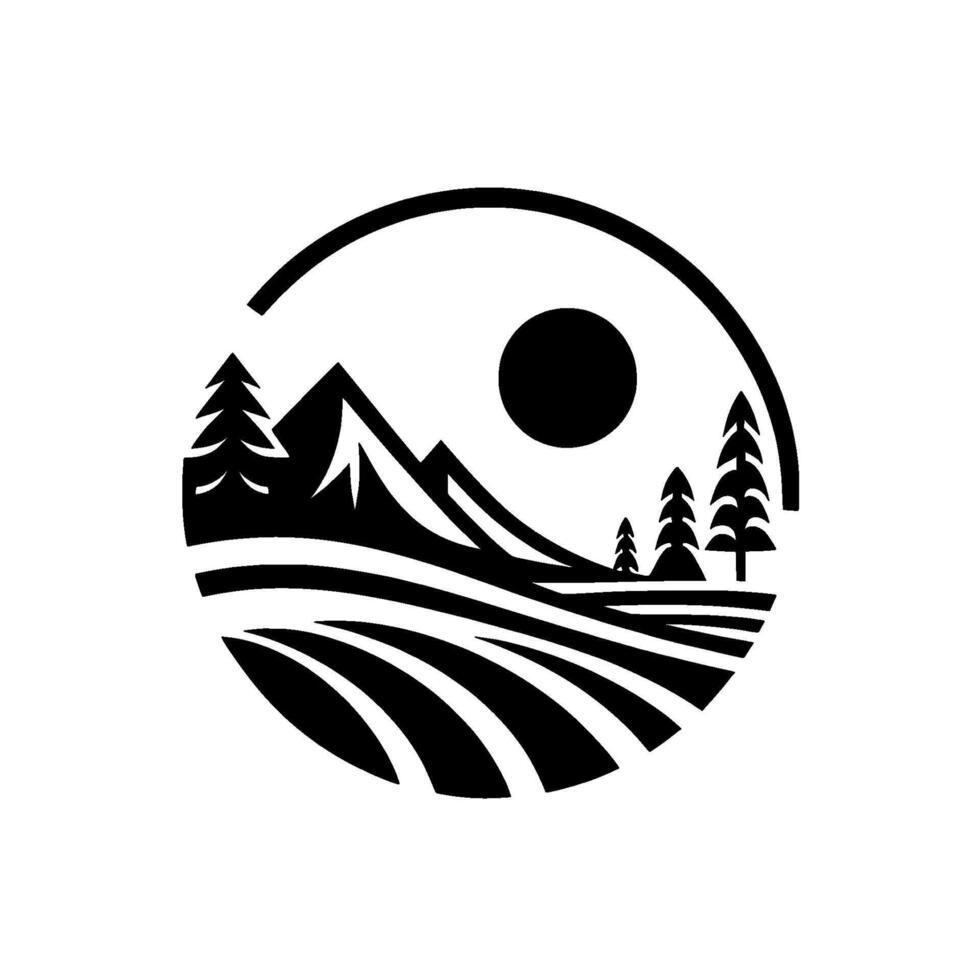 Black and White Circular of a Mountain Landscape with Field, Trees, and Sun. Minimalist Design. vector