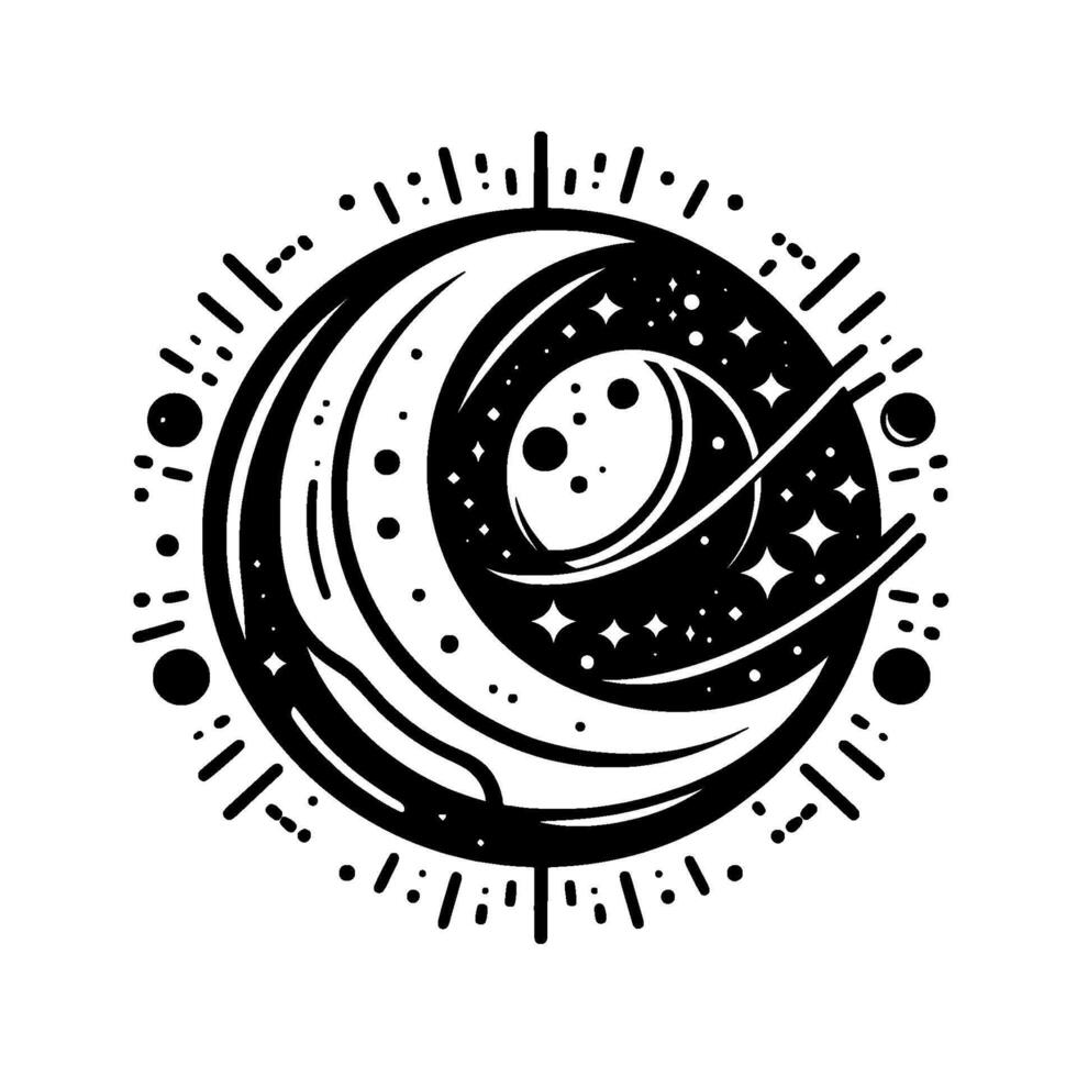 Intricate Black and White Celestial Illustration Crescent Moon, Stars, and Planet within a Stylized Orbital Design, with a decorative border. vector