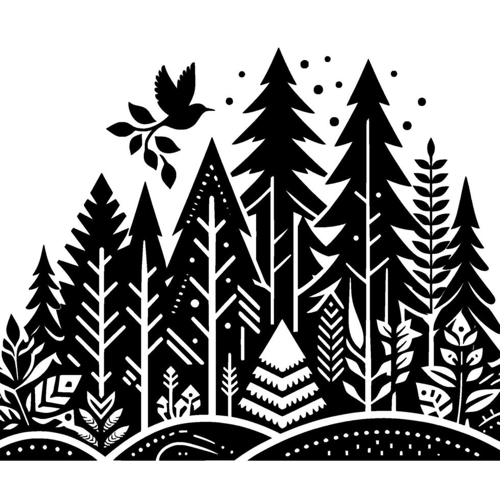 Stylized Black and White Forest Scene Featuring a Bird in Flight, Geometric Trees, and Detailed Foliage vector