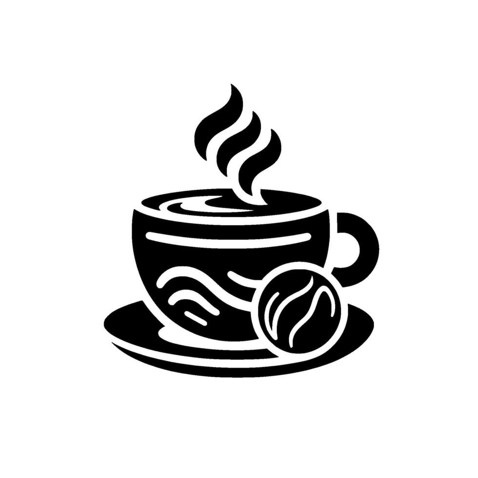 A minimalist black and white coffee cup and saucer design, featuring steaming swirls and a coffee bean, on a clean white background. vector