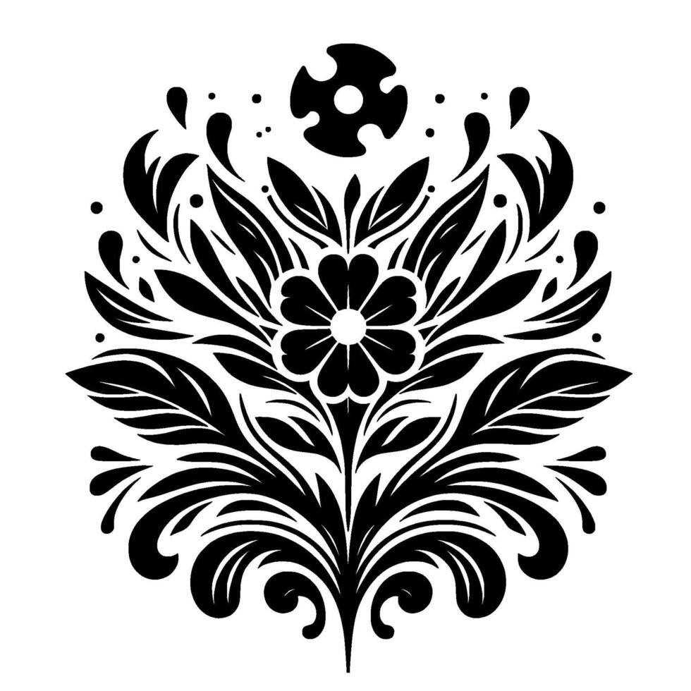 Symmetrical Black and White Floral Mandala with Bold Lines and Circular Top Element and Delicate Accents, on a Clean White Background. vector
