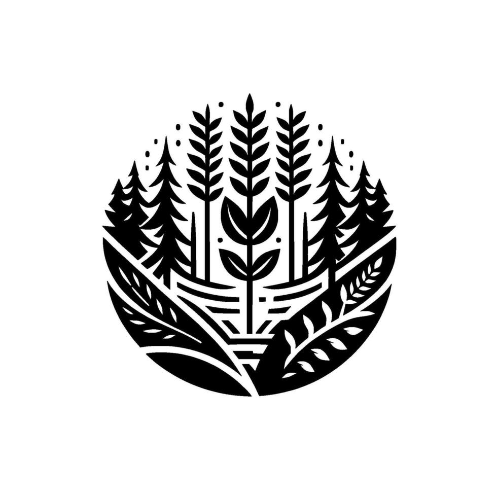 Black and white circular illustration of a stylized forest, featuring pine trees, foliage, and a central plant with leaves, evoking nature. vector