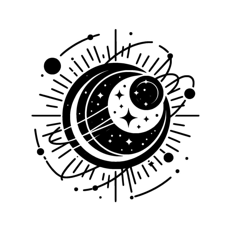 Intricate Celestial Emblem Black and White Featuring Crescent Moons, Stars, and Cosmic Lines radiating outwards, symbolizing cosmic wonder. vector