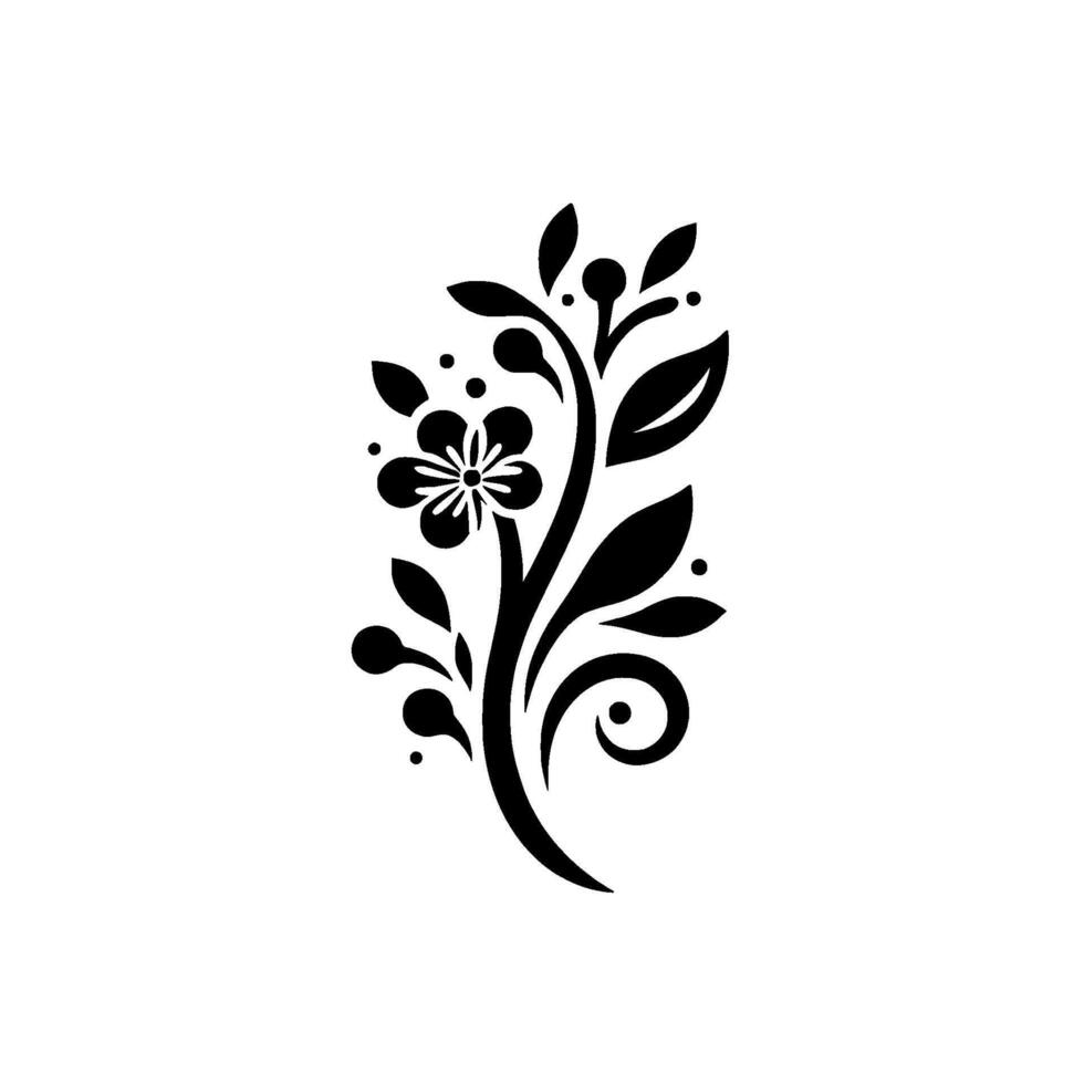 Monochromatic Floral Stylized Black White Illustration of a Blooming Sprig with Leaves, Berries, and Swirls on White. vector