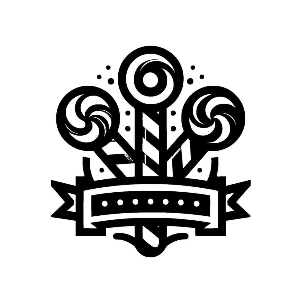 Minimalist Black and White Emblem of Three Swirly Lollipops, Striped Sticks, Ribbon Banner, and Dot Accents. vector