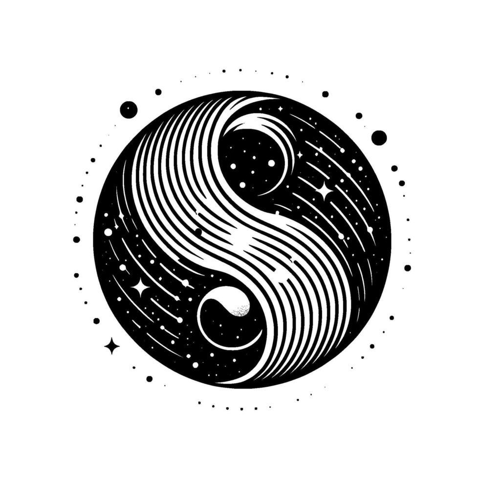 Black and white illustration of a stylized yinyang symbol filled with stars, dots, and lines, evoking cosmic balance. vector