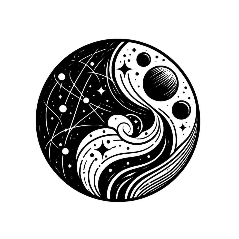 YinYang Cosmos A stylized blackandwhite circle depicting opposing forces of space, with swirling galaxies, planets, and stellar connections. vector