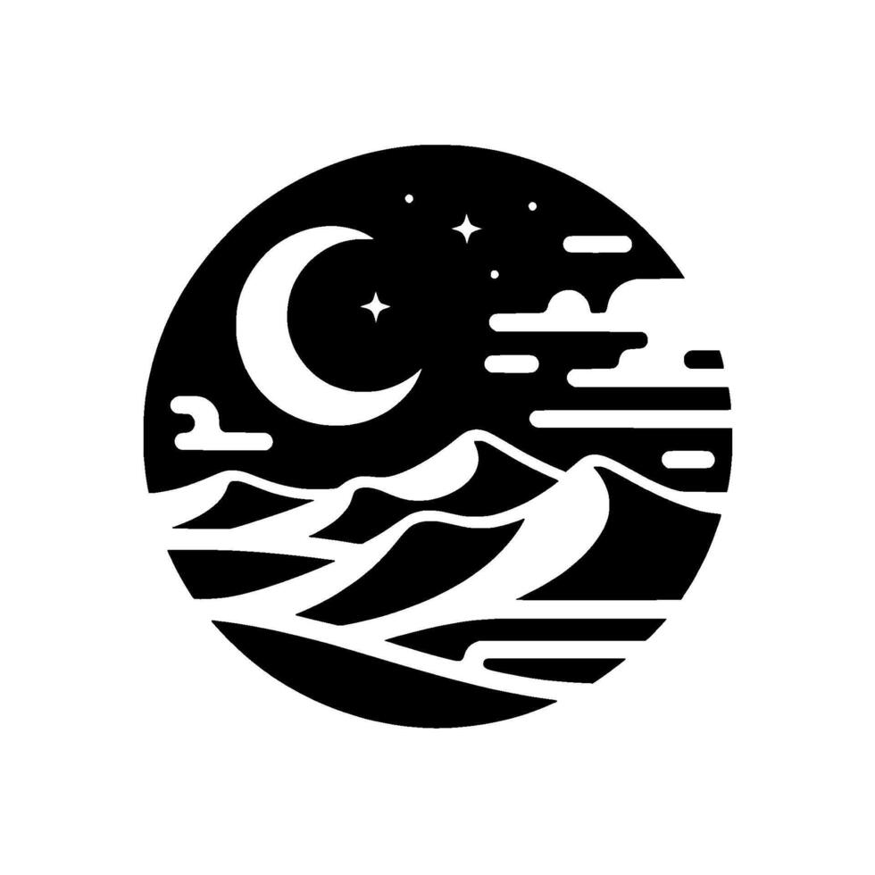 Minimalist Circular Nightscape Crescent Moon Stars Illuminate Silhouetted Desert Dunes Under Cloudy Sky in Black and White vector