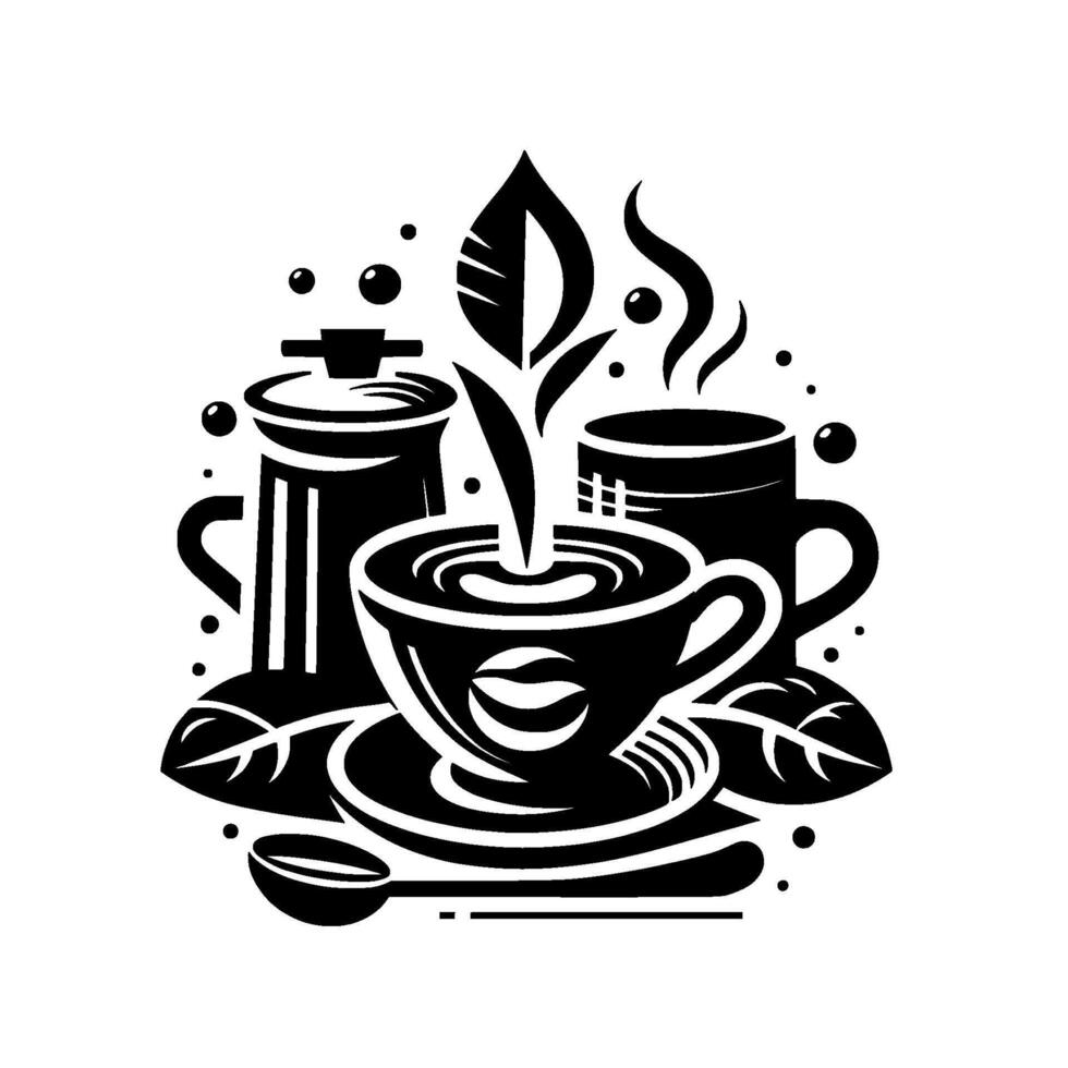 Stylized Black and White Tea Ceremony Illustration Teacup with Leaf, Kettle, Mug, Steam, Bubbles, and Spoon. vector