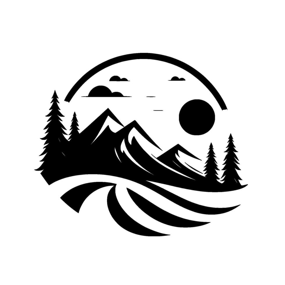 A stylized, monochromatic mountain landscape with coniferous trees, sun, clouds, and a circular frame, evoking a sense of serenity. vector