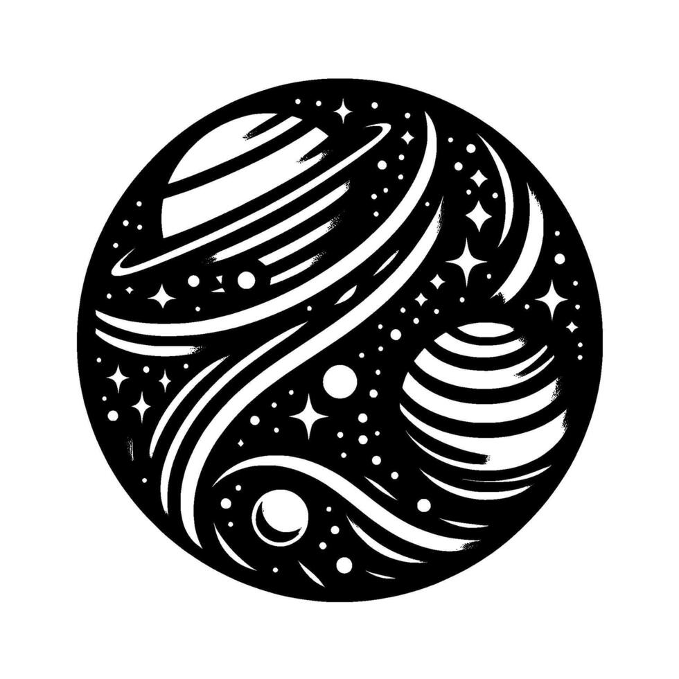Stylized Black and White Celestial Illustration Planets, Stars, and Swirls Within a Circle, Showcasing Cosmic Harmony and a Retro Design. vector