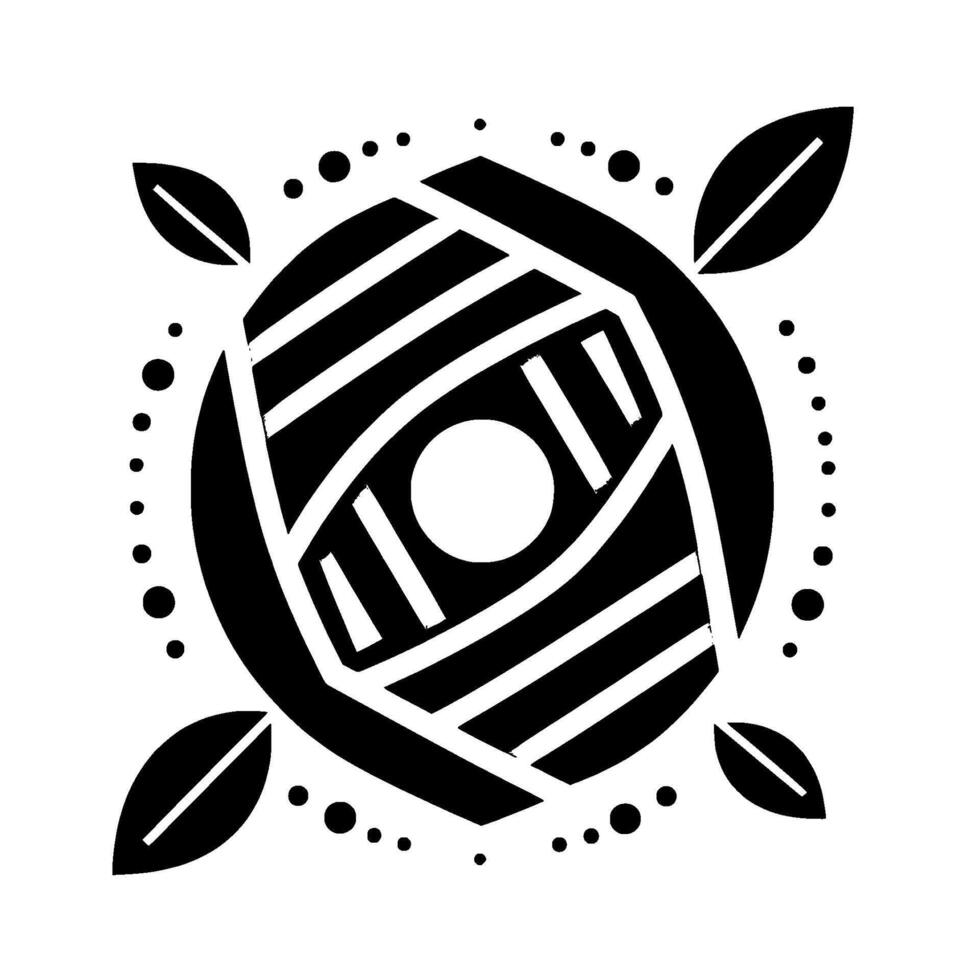 Geometric Black and White Mandala with Stripped Center, Dot Border, and Leaf Accents on a White Background. vector