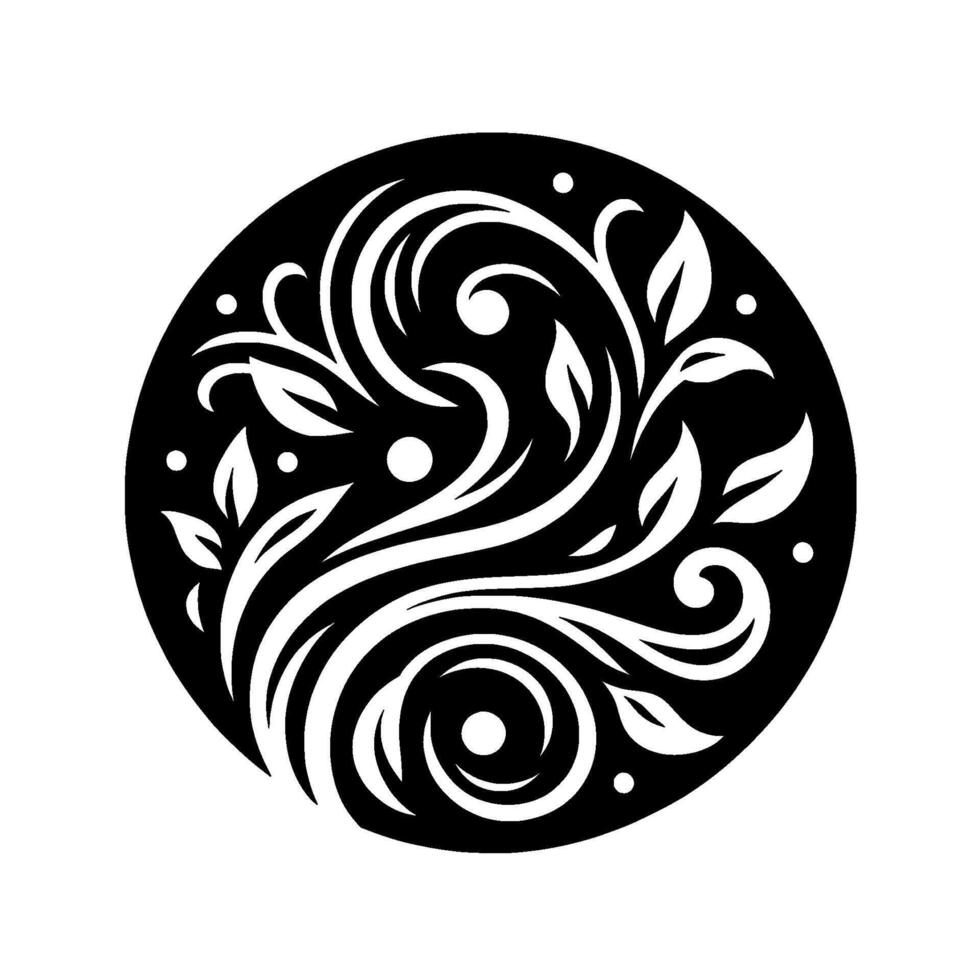 Black Circle with White Floral Swirls, Leaves, and Dots, a Decorative, Modern vector