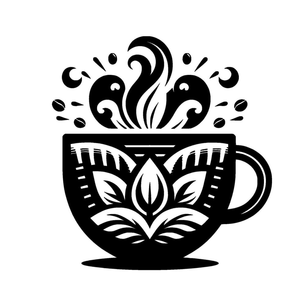 Elegant Black and White Coffee Cup Illustration with Floral Ornamental Elements, Steam, and Coffee Beans on White Background. vector