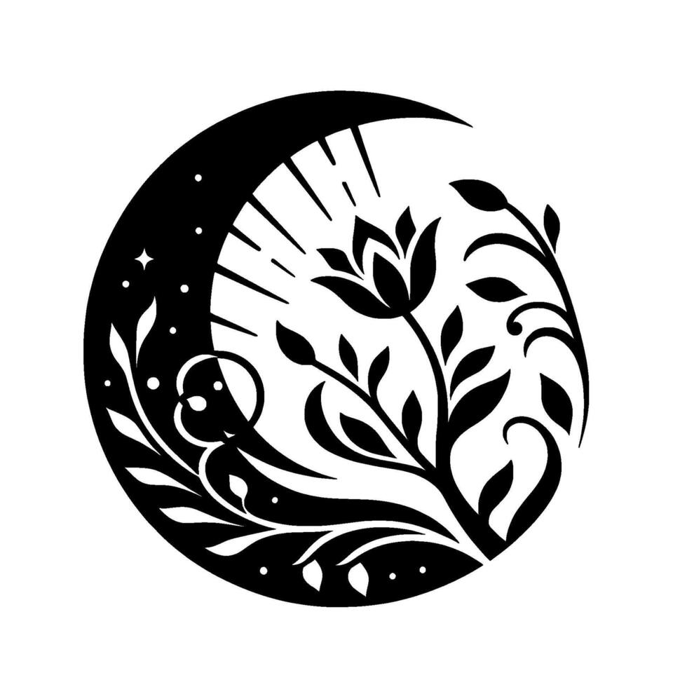 Crescent Moon Silhouette with Floral Starry Elements Mystical, Minimalist Black and White Design. vector