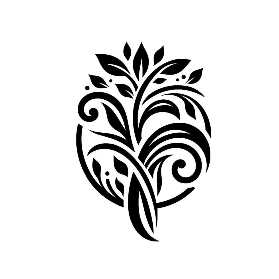 Intricate Black and White Floral Emblem Design, Featuring Leafy Branches, Swirls, and a Circular Frame on a Clean White Background. vector