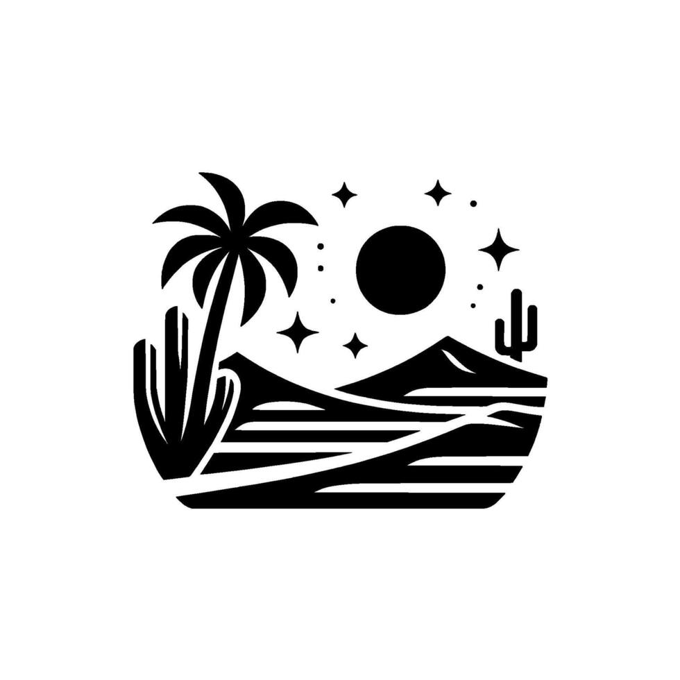 Nighttime Desert Landscape A minimalist black and white featuring palm, cacti, mountains, sun, and stars. vector