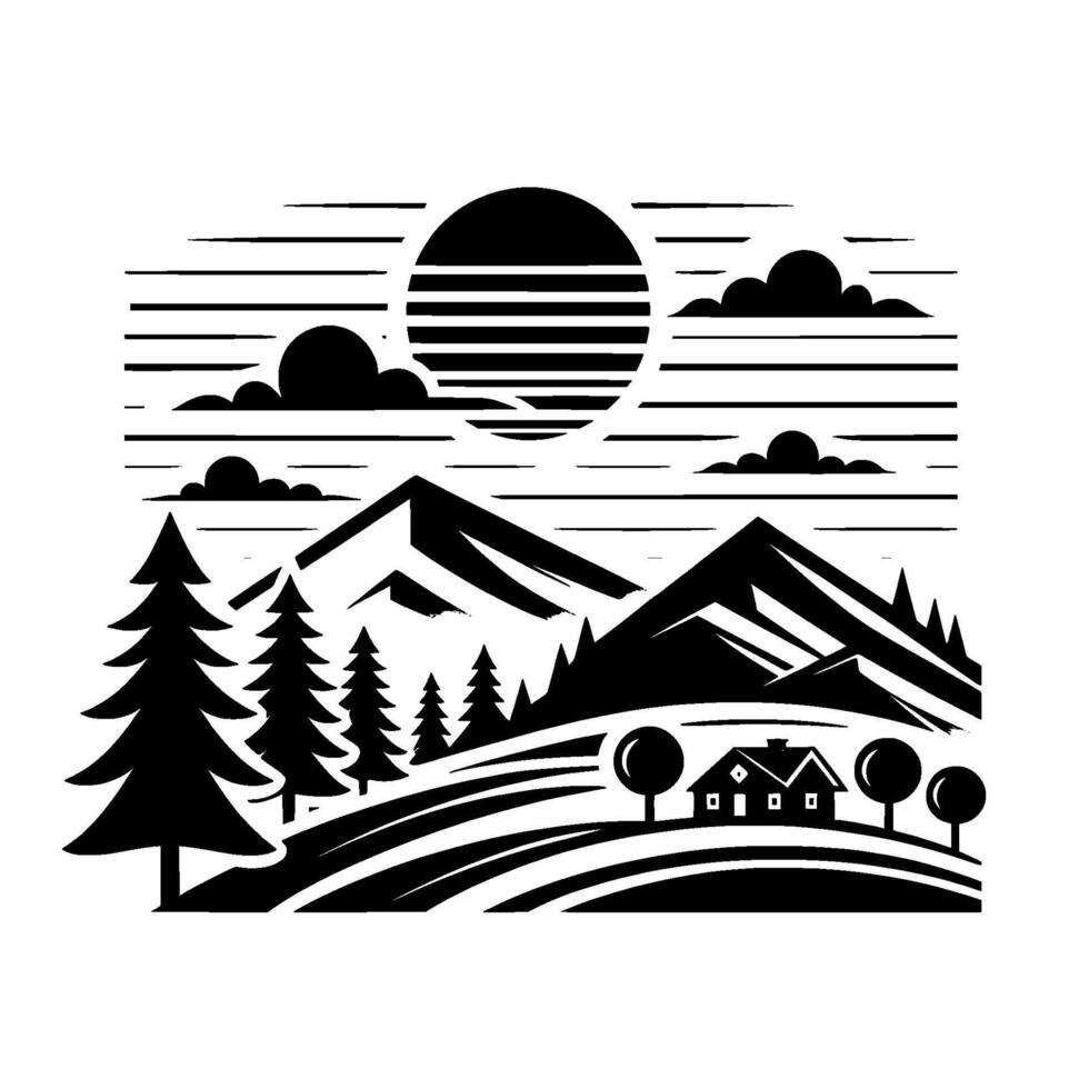 Stylized monochrome landscape illustration featuring mountains, forests, a house, sun, and clouds, evoking a sense of tranquility. vector