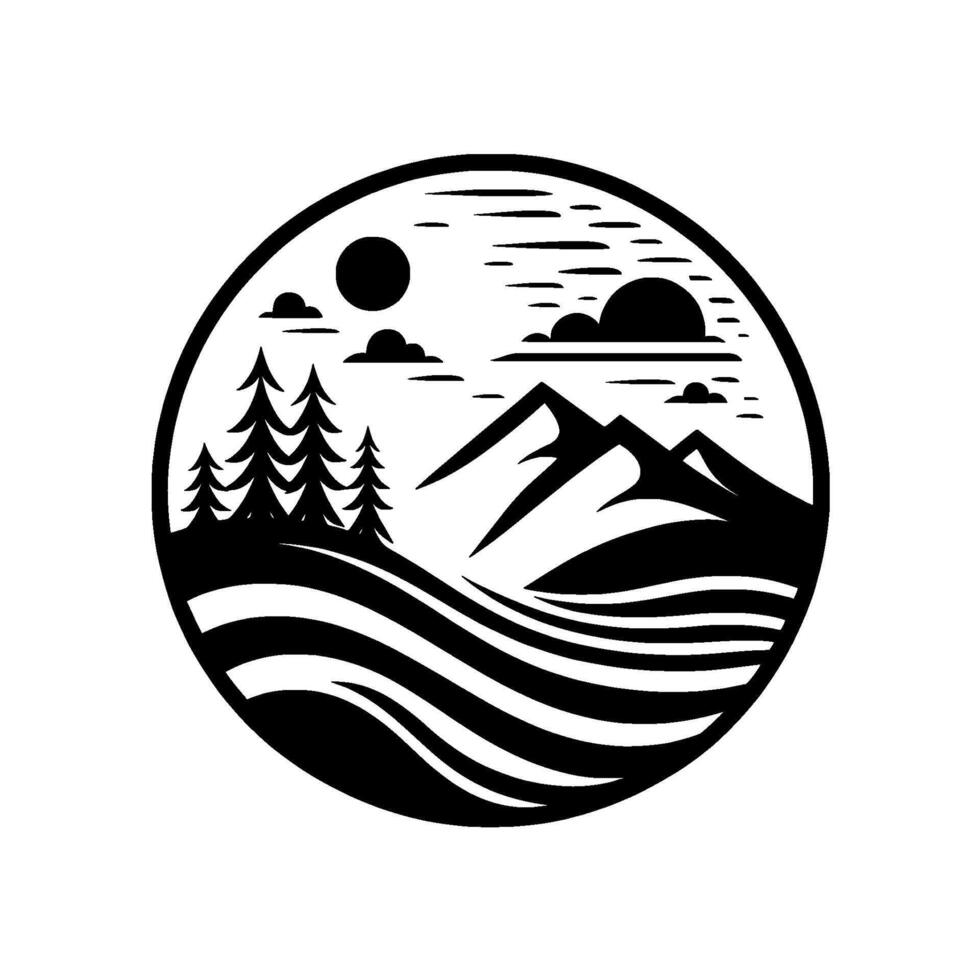 Circular Black and White Scenic Illustration of Mountains, Trees, Sun, Clouds, and Water Lines, a Nature Landscape. vector