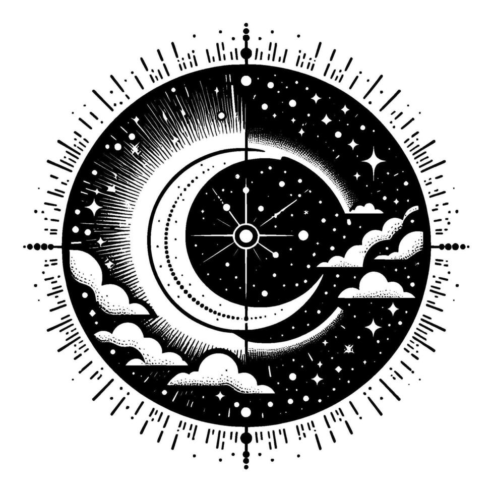 Celestial YinYang A BW circular depicting moon phases, stars, clouds, and celestial compass, embodying cosmic balance and night sky imagery. vector
