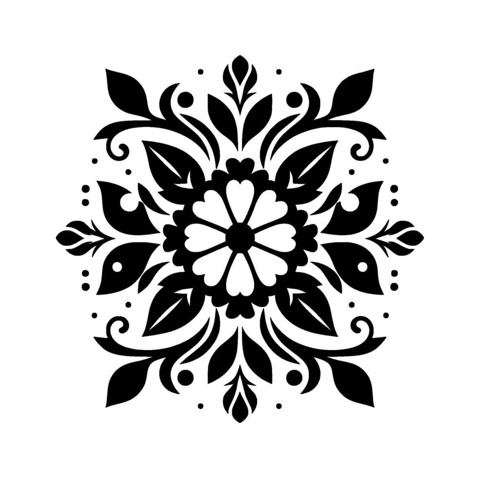 Symmetrical Black and White Floral Mandala with Leafy Elements and Dot Accents, centered on white. vector
