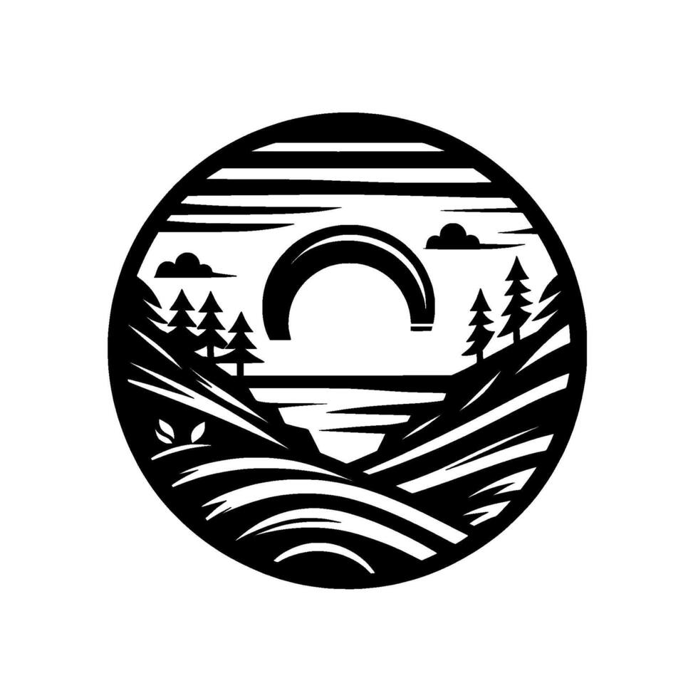 Black and white circular silhouette depicting a stylized mountain landscape with a crescent bridge over a lake, encircled by a round frame. vector