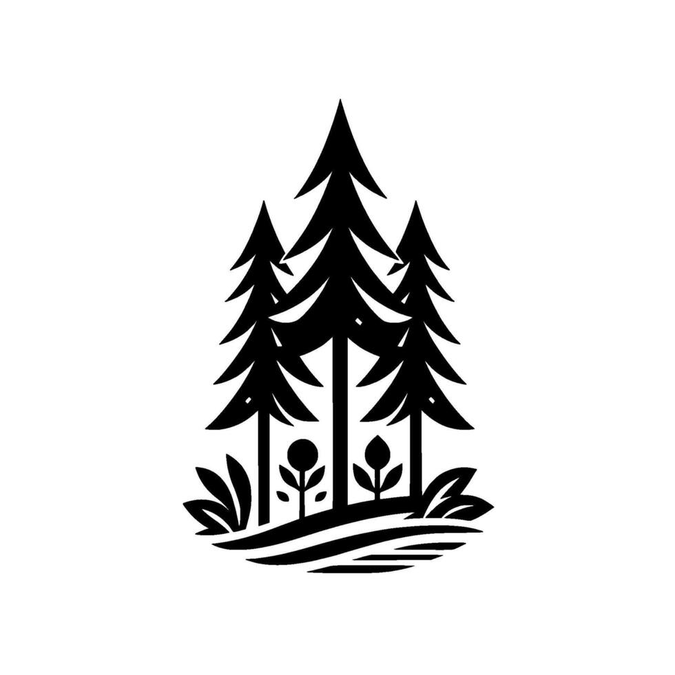 Minimalist Black and White Forest Illustration Featuring Pine Trees, Grass, and Flowers on White Background. vector