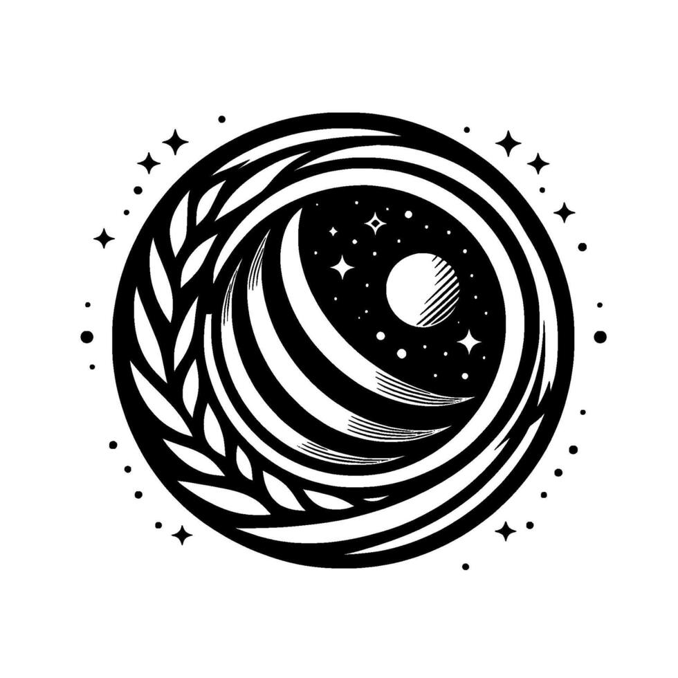 A stylized celestial emblem, depicting a crescent moon, a full moon, and stars within a swirling circle, surrounded by leaves and cosmic elements. vector