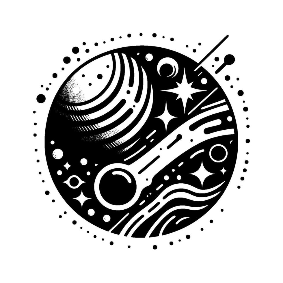 Cosmic Sphere Black White Illustration of Planets, Stars, and Celestial Bodies in a Decorative, Geometric Style. vector
