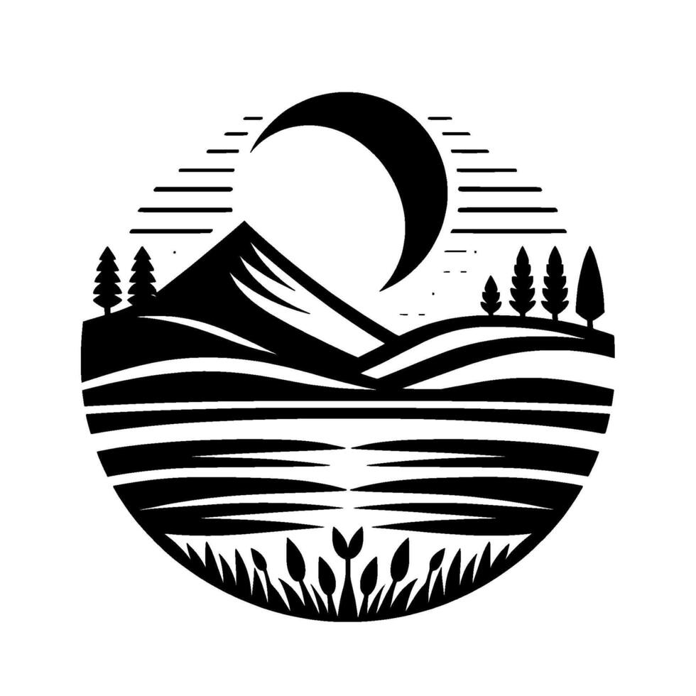 Monochromatic circular landscape illustration featuring mountain, trees, moon, lake, and reeds, evoking tranquility and natures beauty. vector