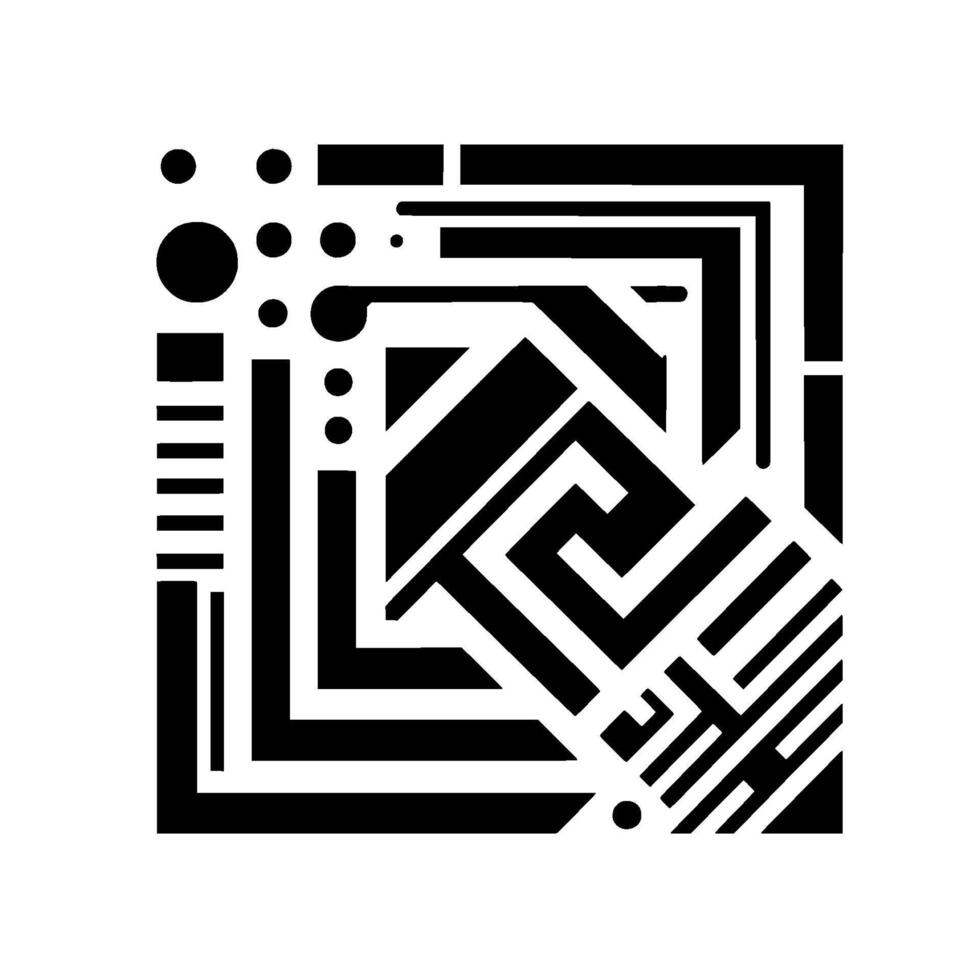 Geometric Black and White Square with Angular Shapes, Dots, Lines, and a Central Labyrinthine Element. vector