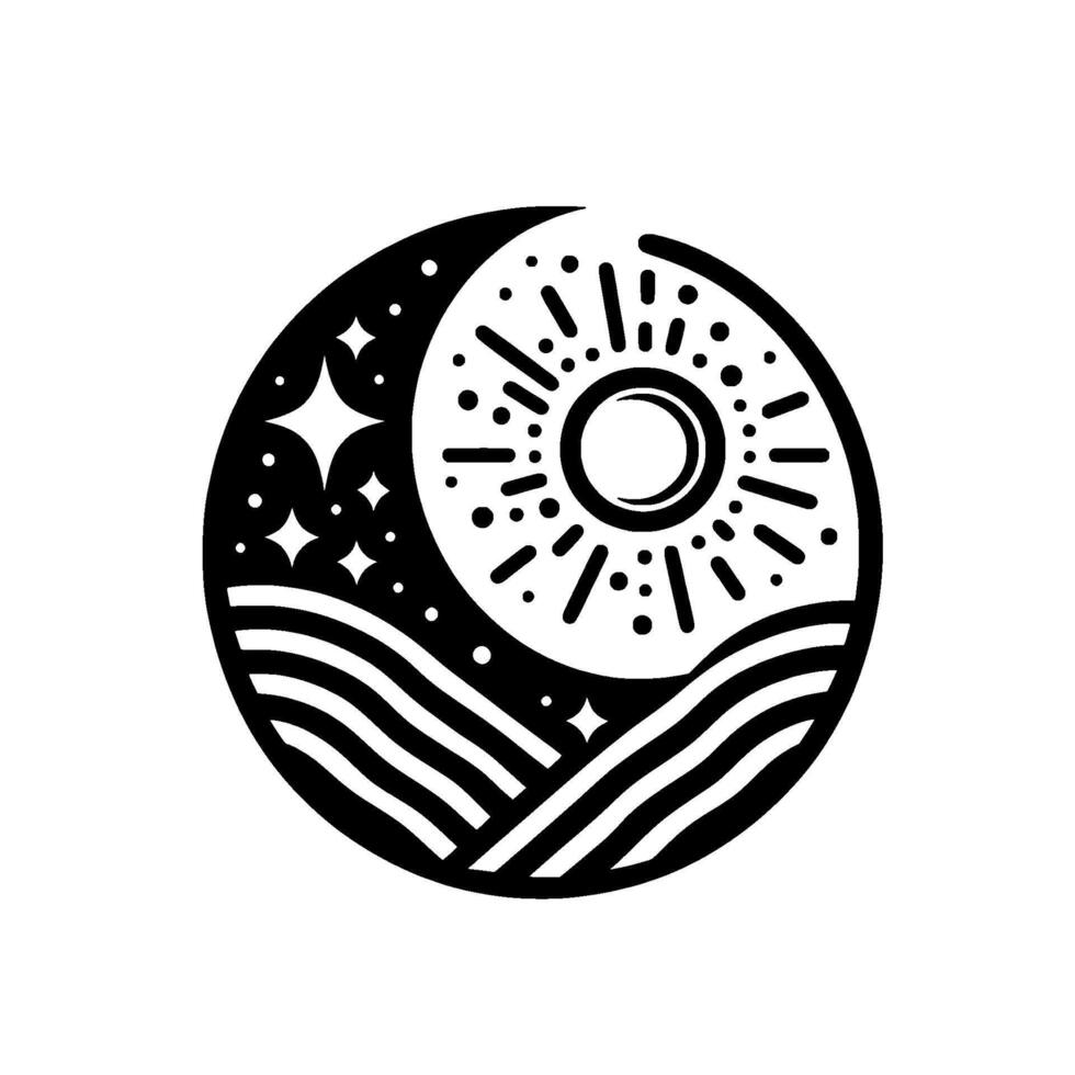 Celestial Harmony Black and White Geometric Featuring Sun, Moon, Stars, and Waves in a Circular Composition vector
