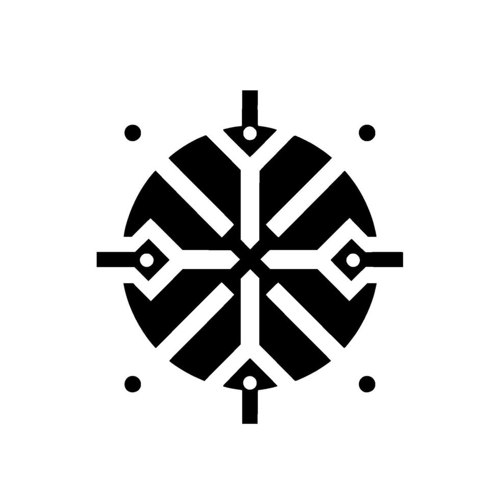 Abstract black and white circular resembling a circuit board or snowflake, with dot accents, conveying a minimalist, technical aesthetic. vector