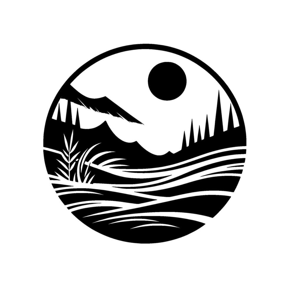 Monochromatic, circular landscape illustration, mountains, sun, forest silhouette, grassy foreground, stylized nature graphic. vector
