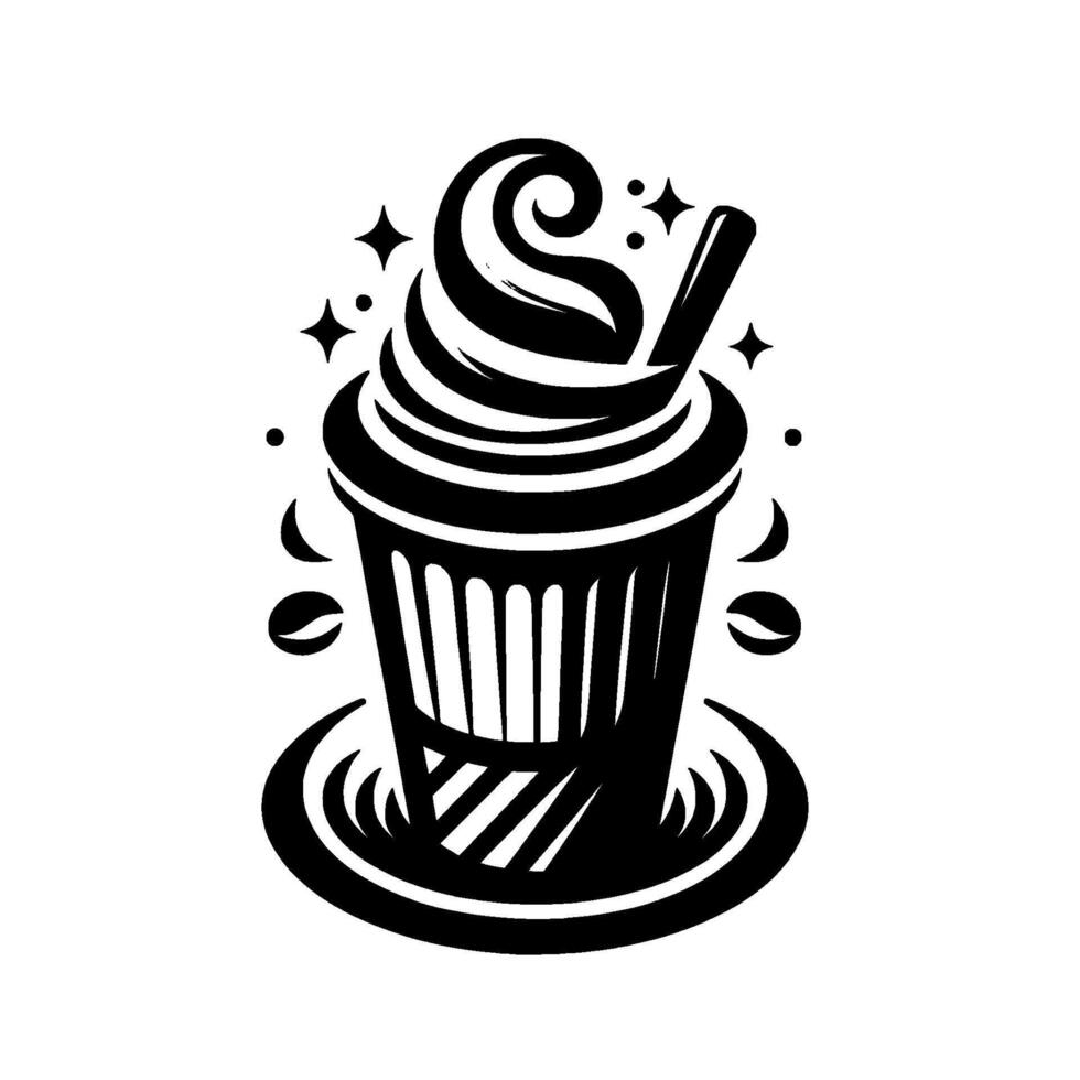 Stylized black and white illustration of an iced coffee drink with swirls of cream, a straw, coffee beans and star accents. vector