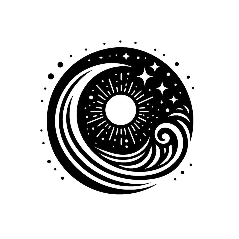 Celestial YinYang Black and White Circular Featuring Sun, Moon, Stars, and Swirls within an Outer Space Aesthetic. vector