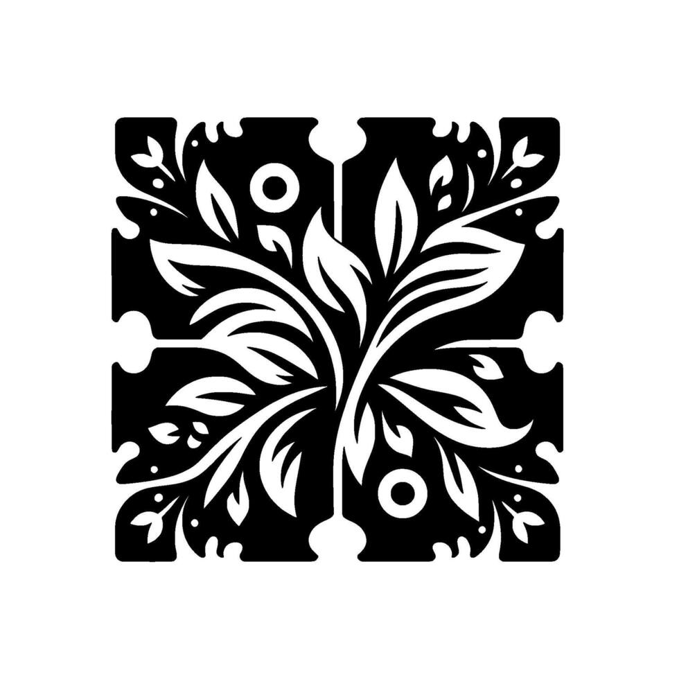Symmetrical Black and White Floral within Square Frame, with Leaves, Circles, and Ornate Decorative Elements vector
