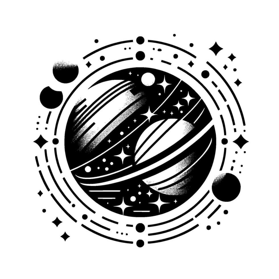 Stylized Black White Cosmic Illustration Planets, Stars, and Circular Celestial Elements within a Decorative Orbit. vector