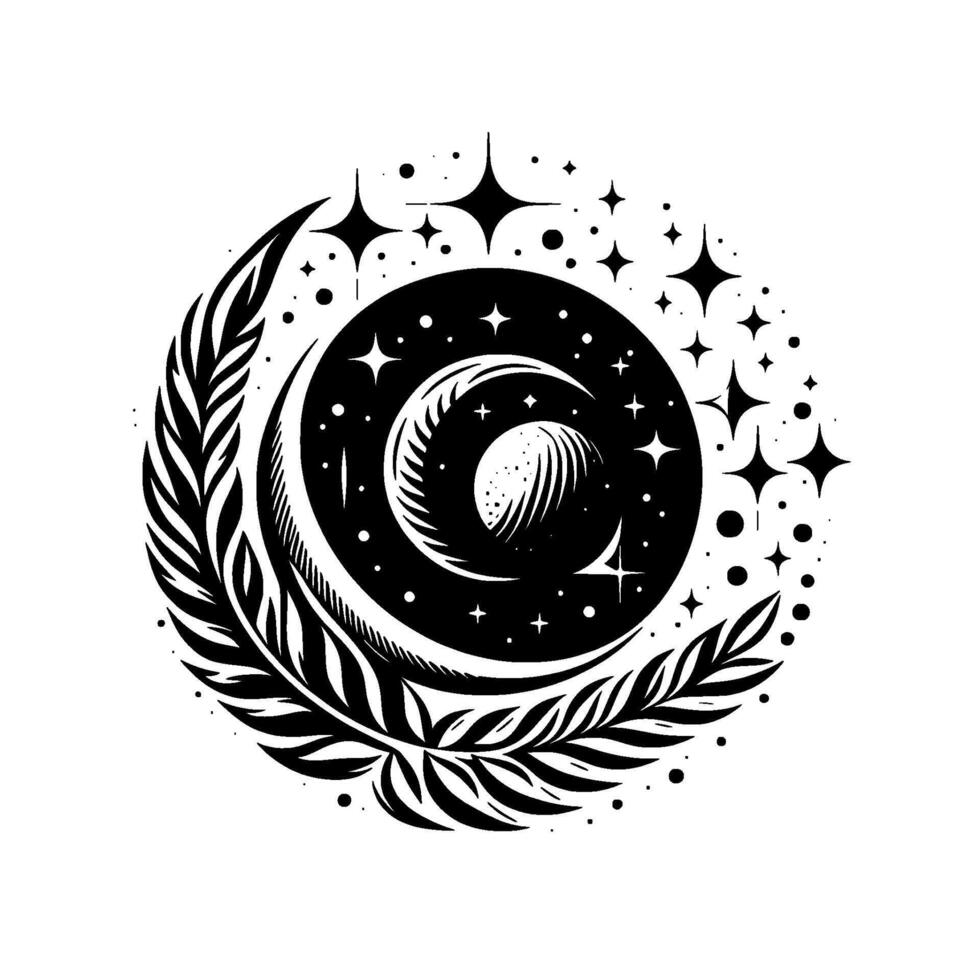 Mystical Black and White Crescent Moon and Celestial Stars, Leafy Celestial Emblem, Boho Cosmic Illustration. vector