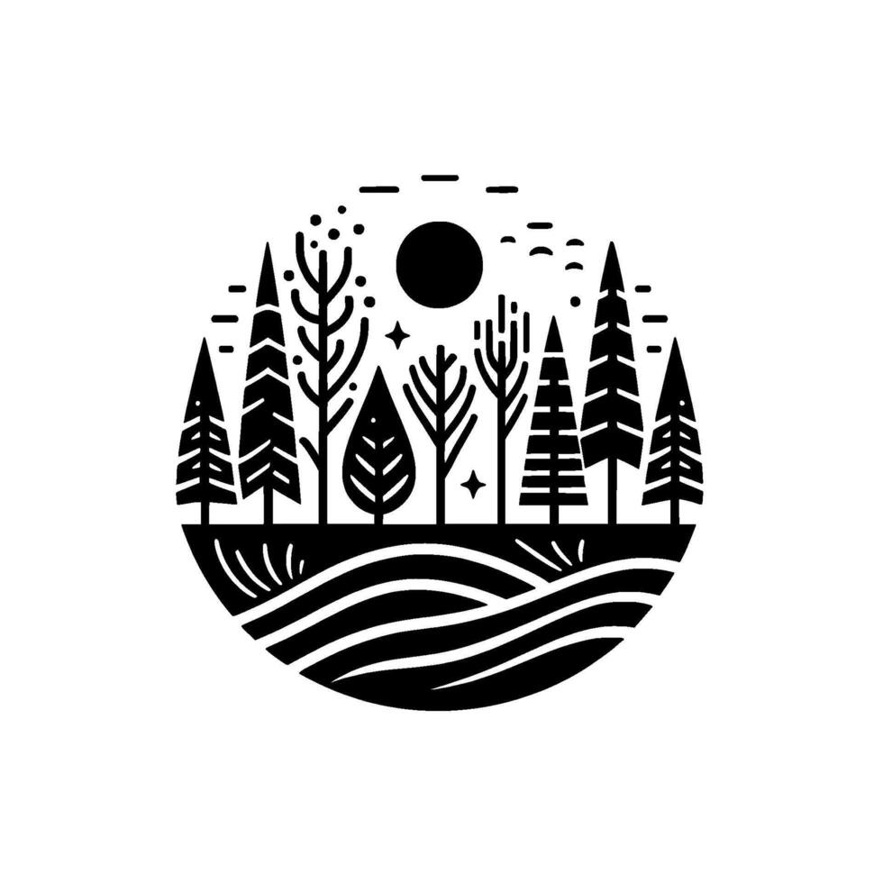 Minimalist Black and White Forest Scene Enclosed in a Circle Featuring Diverse Trees, Moon, and Rolling Hills. vector