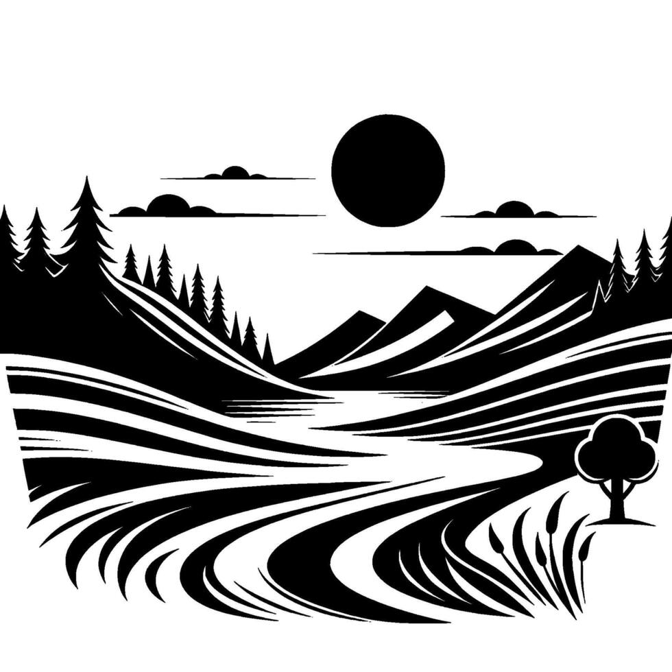 Stylized Black and White Landscape Serene Scene with Mountains, River, Forest, Clouds, and Sun. Minimalist, Graphic. vector