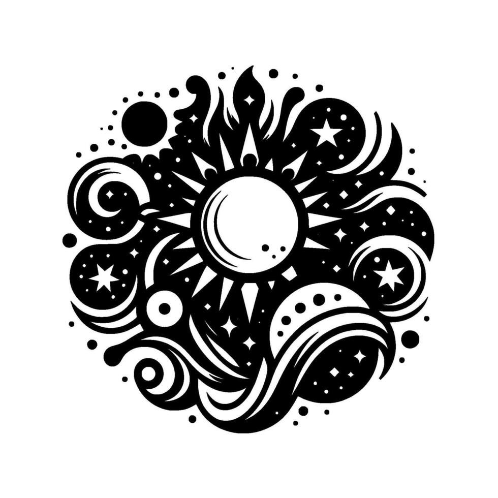 Celestial Illustration A cosmic orb of the sun, stars, nebulas and planets, swirling in black white. vector