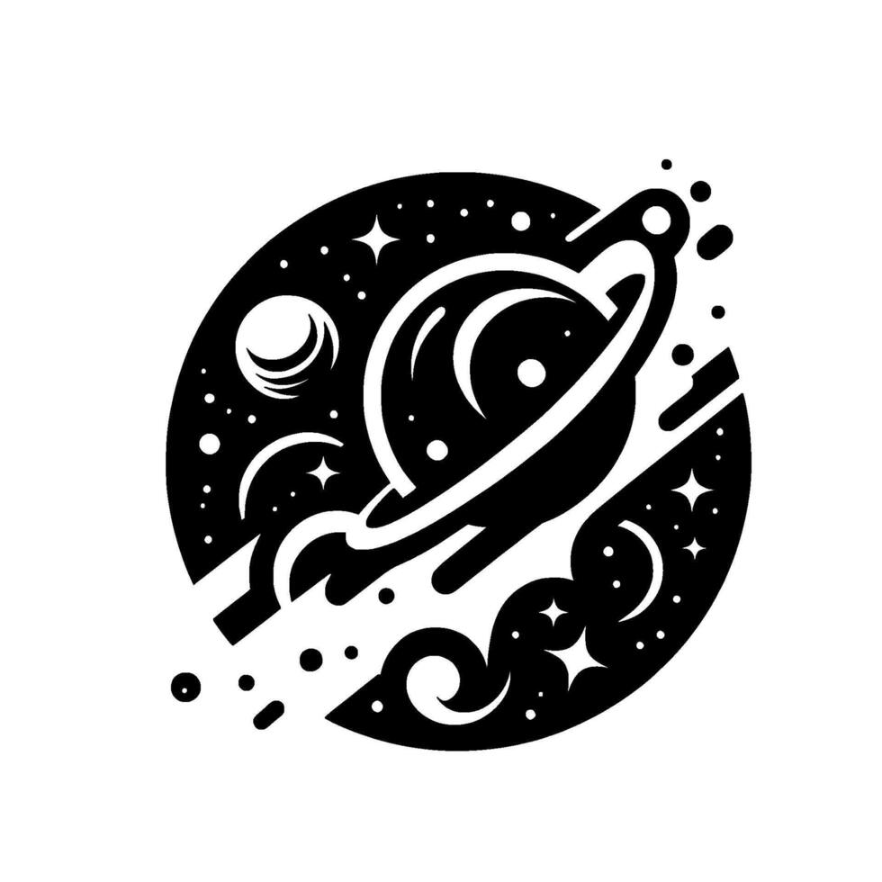 Stylized Celestial Illustration Black and White Planetary System Featuring Saturn, Moons, and Stars within an Oval Universe Design. vector