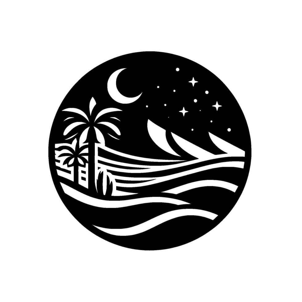 Black and white circular illustration depicts a tropical night scene. Palm trees and waves beneath a crescent moon and stars, suggesting tranquility. vector