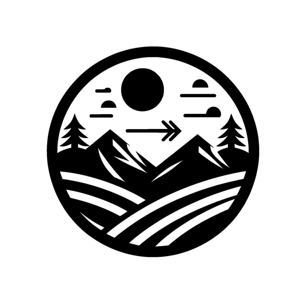 Illustration of a black and white circular emblem featuring mountains, fields, trees, sun, clouds and a directional arrow symbol. vector