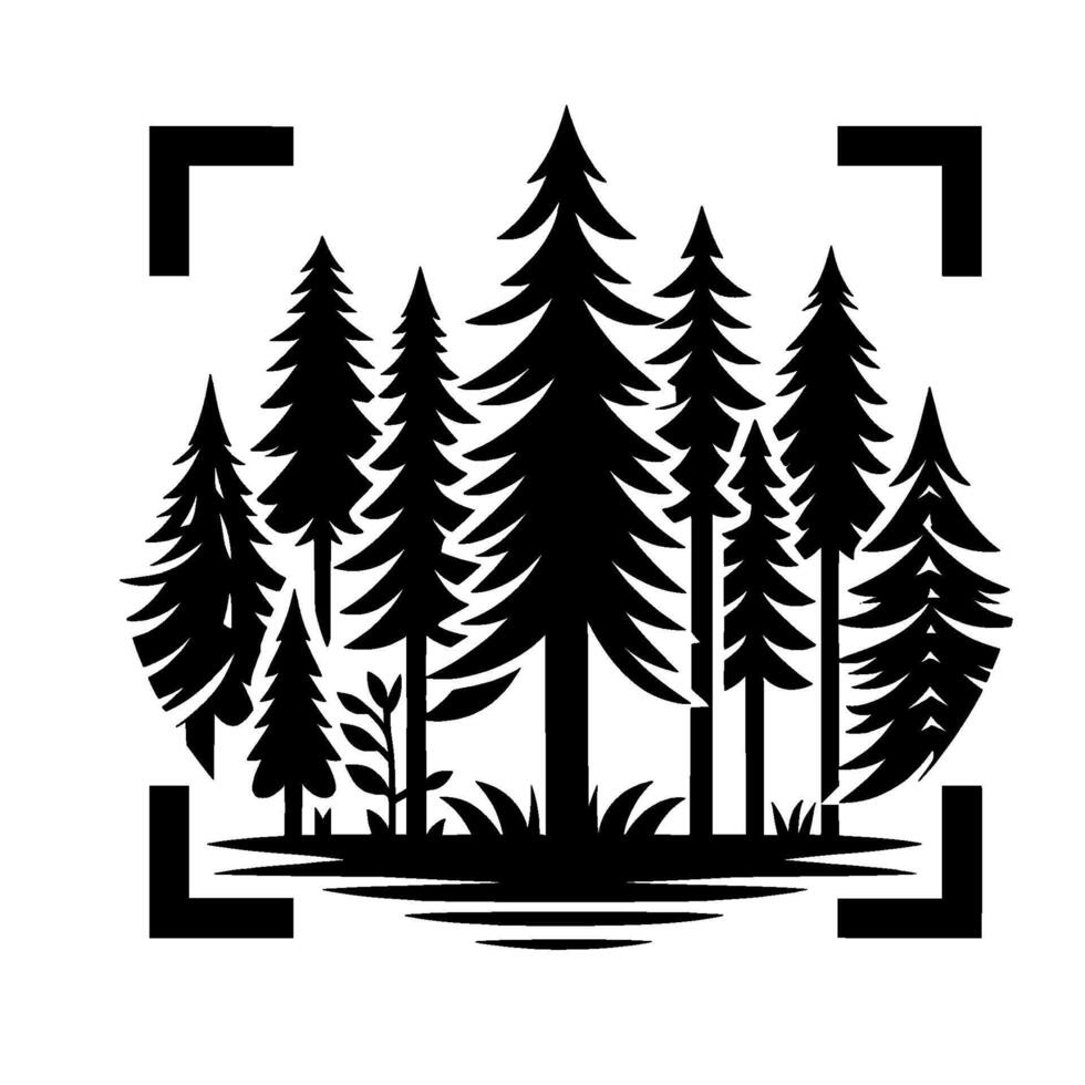 Stylized Black and White Forest Silhouettes Within a Framing Rectangle, Nature Concept vector